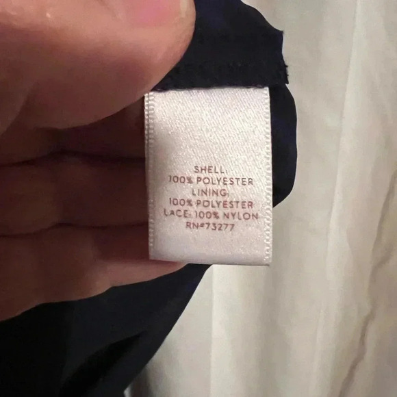 Lauren Conrad Women's Sz M Sheer Blouse V-Neck Navy Plaid Back Lace Bell Sleeve - Picture 2 of 6